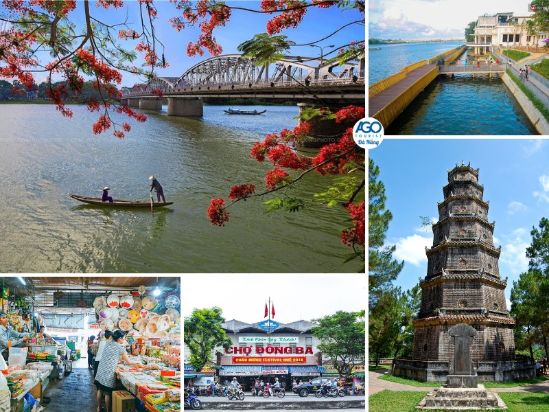 Quý khách sẽ đến tham quan Chùa Thiên Mụ, cầu Tràng Tiền, mua đặc sản tại chợ Đông Ba trong lịch trình tour Huế Đà Nẵng